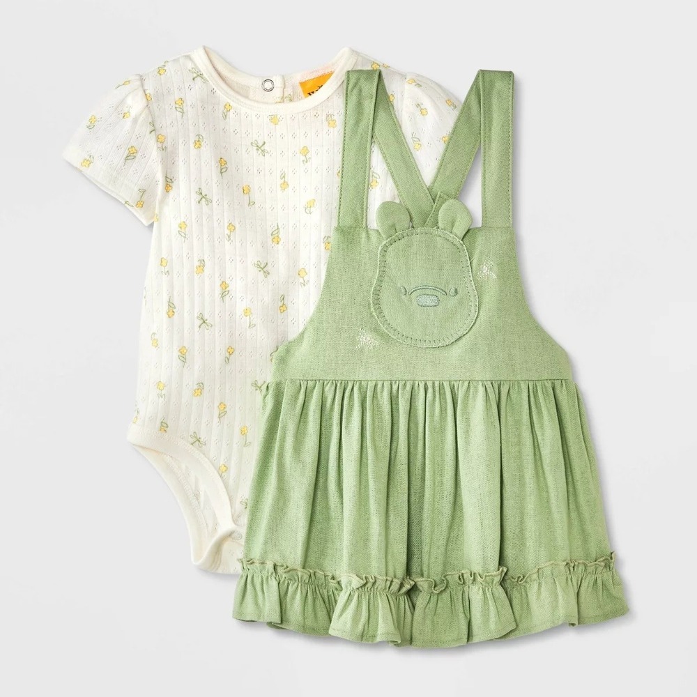 Disney Winnie Pooh Pinafore Dress Bodysuit Set Baby 3-6M Green Floral NWT